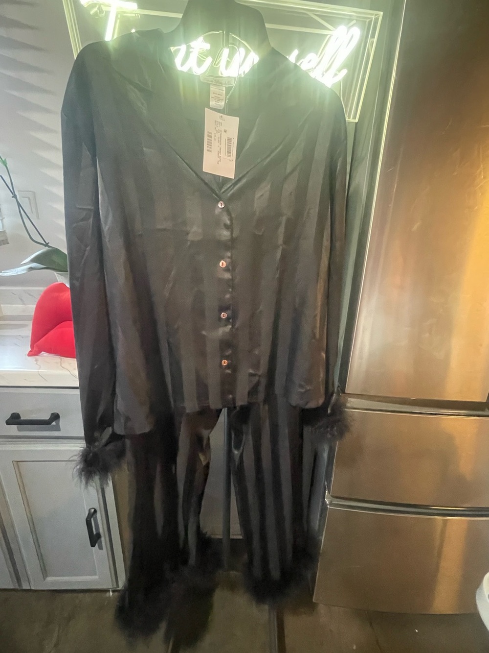 Linea Donatella Black Satin Feather Trim Pajama Set